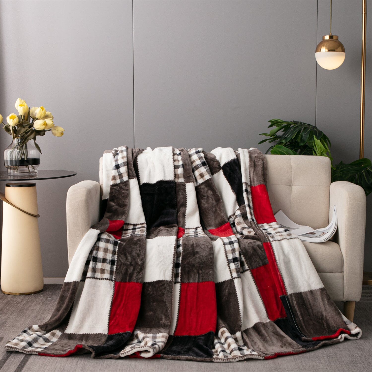 Rustic Red Plaid Patchwork Throw Blanket | Cozy Farmhouse Blanket