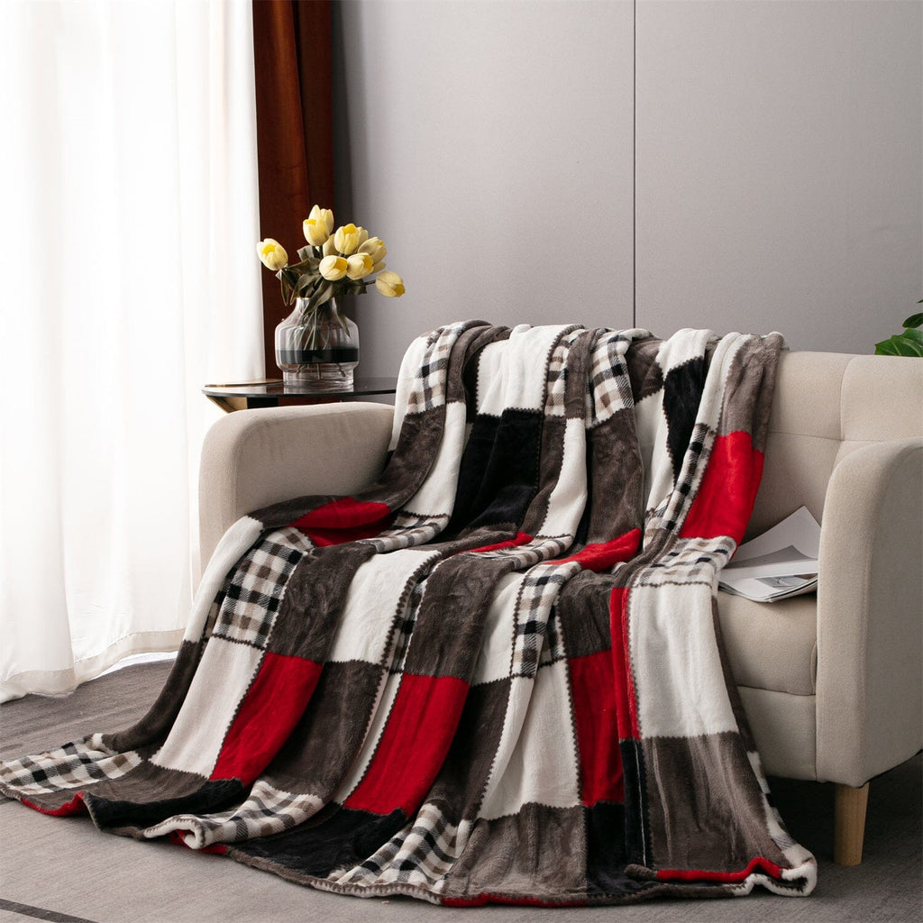 Rustic Red Plaid Patchwork Throw Blanket | Cozy Farmhouse Blanket