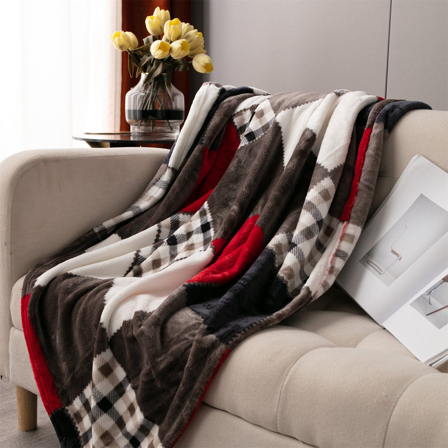 Rustic Red Plaid Patchwork Throw Blanket | Cozy Farmhouse Blanket