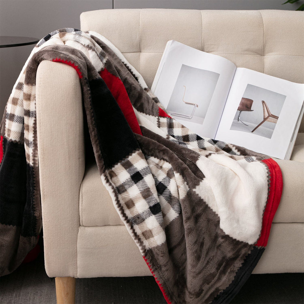 Rustic Red Plaid Patchwork Throw Blanket | Cozy Farmhouse Blanket
