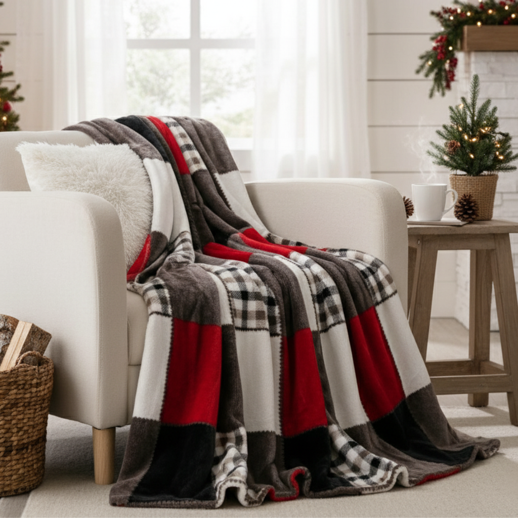 Rustic Red Plaid Patchwork Throw Blanket | Cozy Farmhouse Blanket