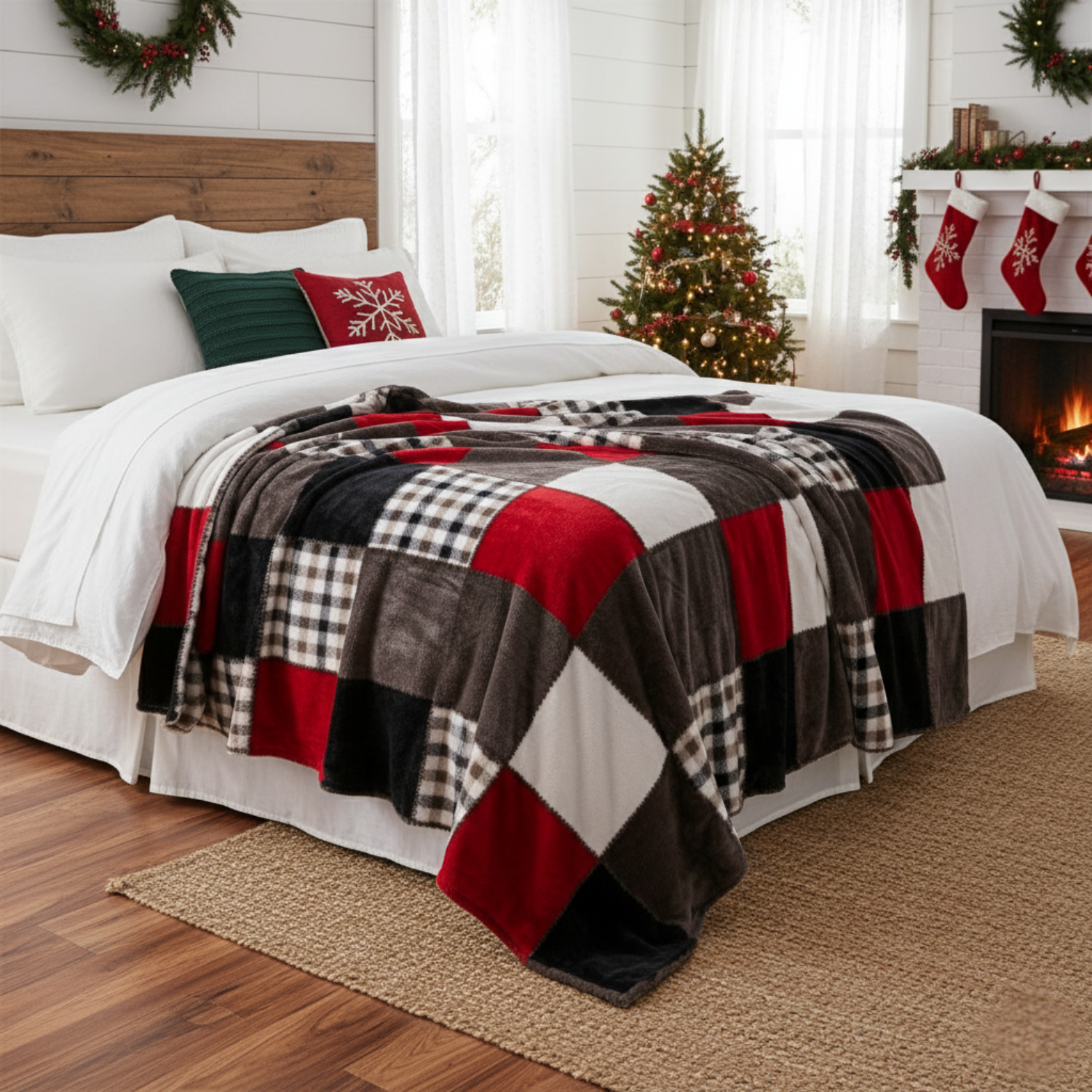 Rustic Red Plaid Patchwork Throw Blanket | Cozy Farmhouse Blanket