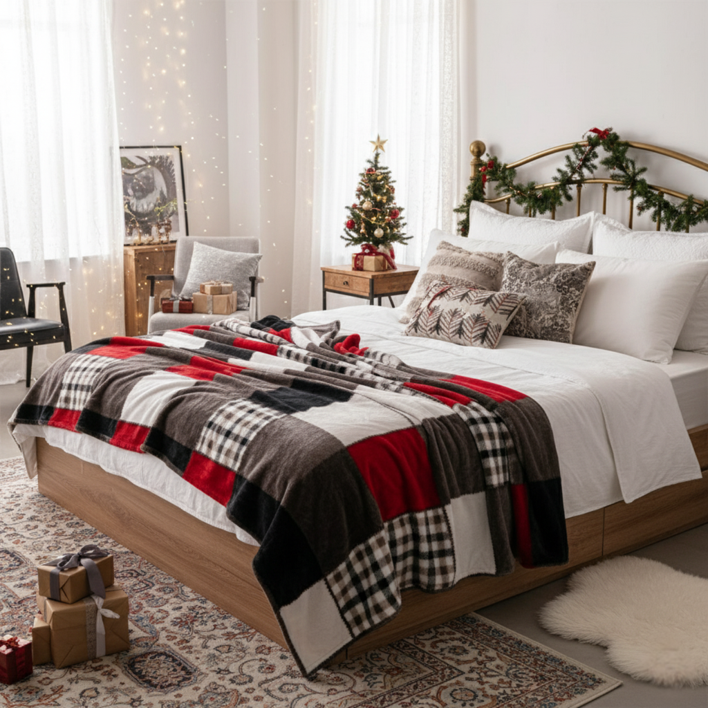 Rustic Red Plaid Patchwork Throw Blanket | Cozy Farmhouse Blanket