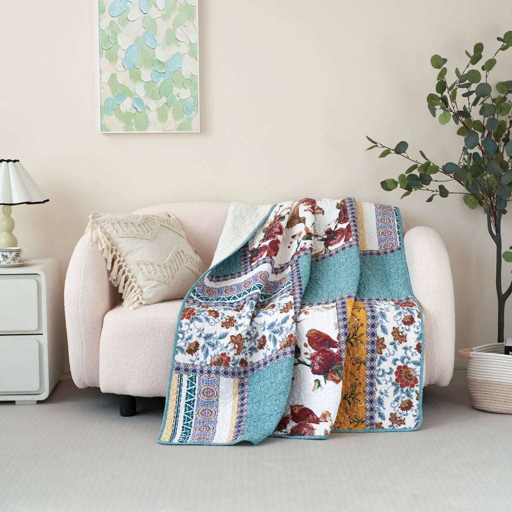 Vintage Garden Hummingbird Quilted Throw Blanket