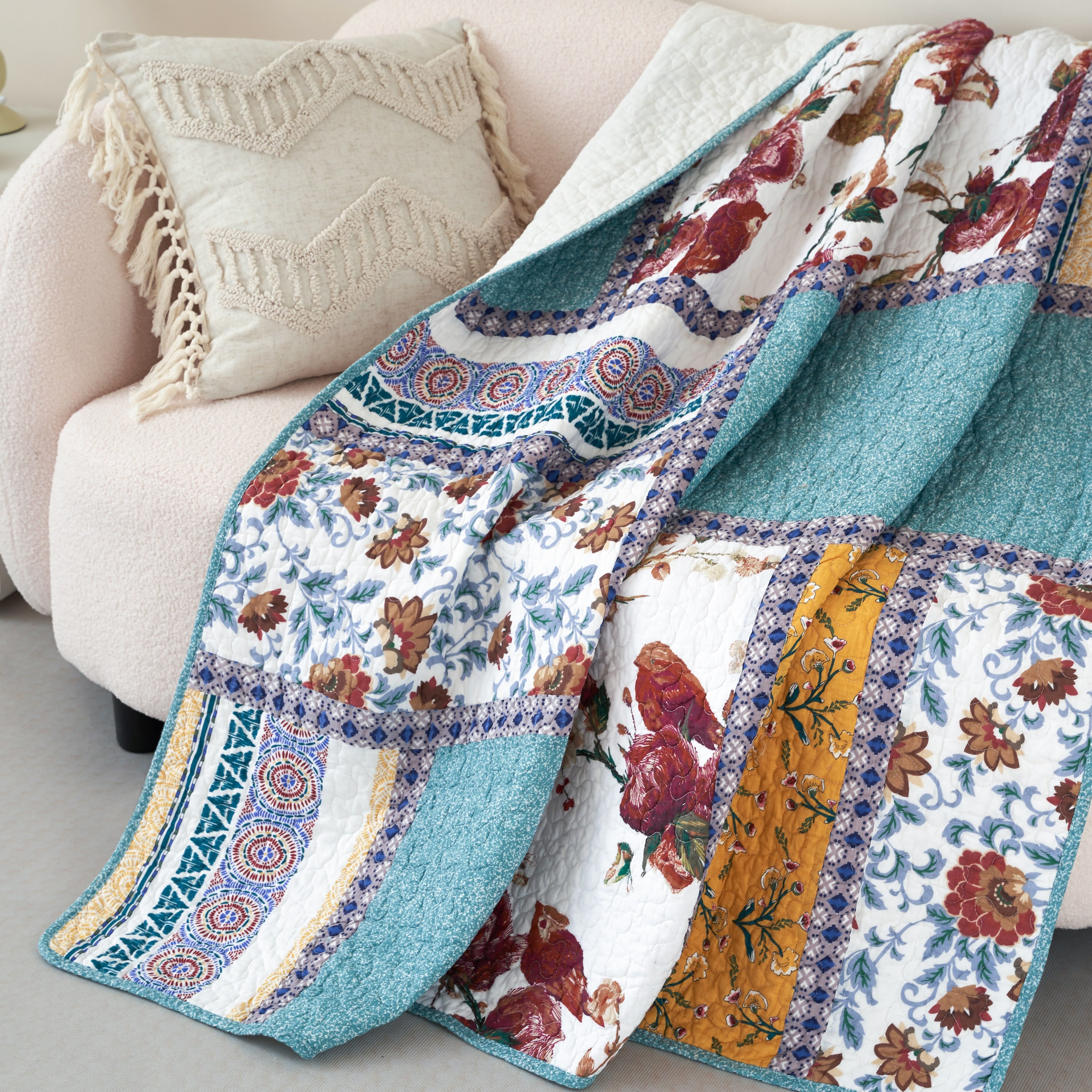 Vintage Garden Hummingbird Quilted Throw Blanket