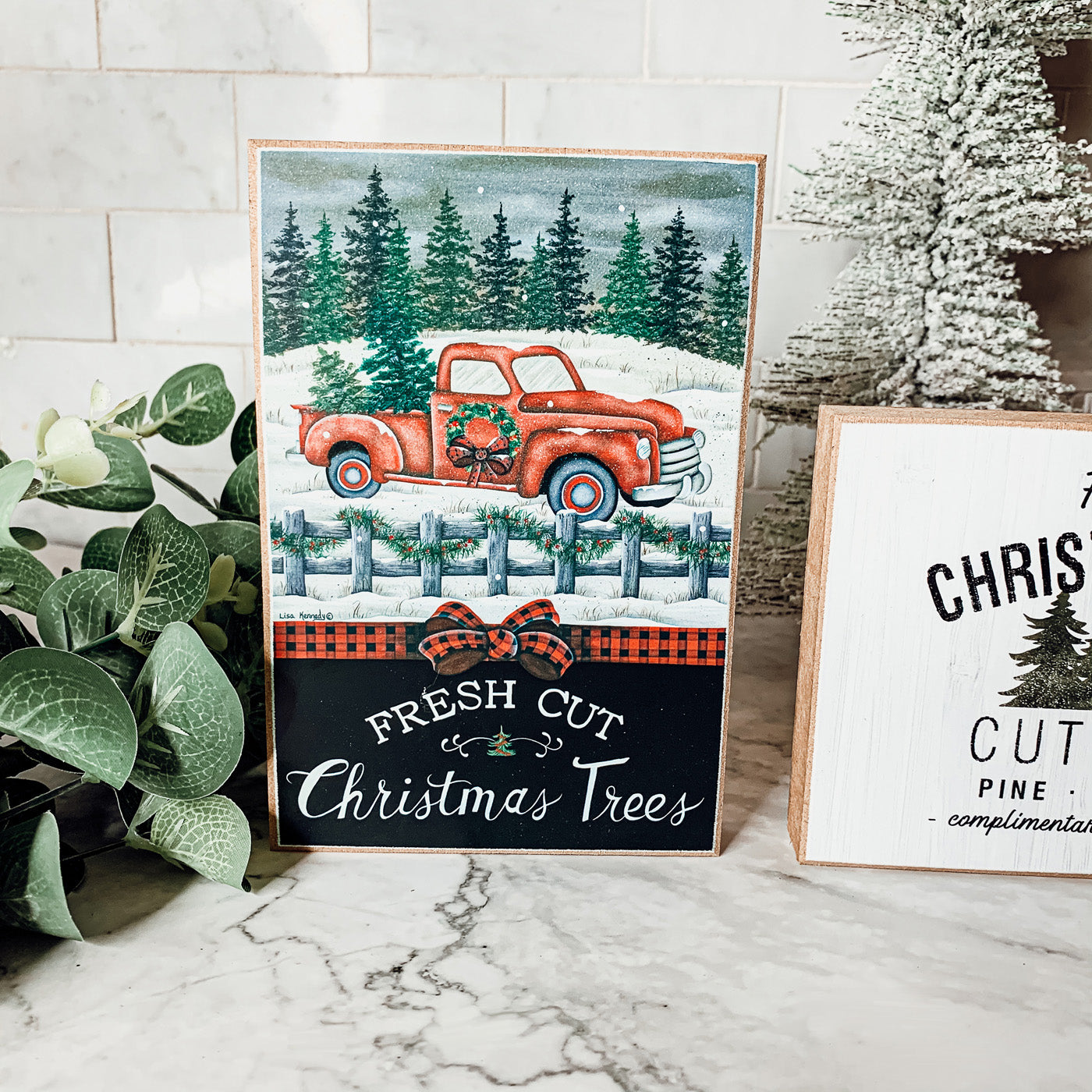 Vintage Farmhouse Christmas Wood Block Signs – Red Truck Holiday Decor