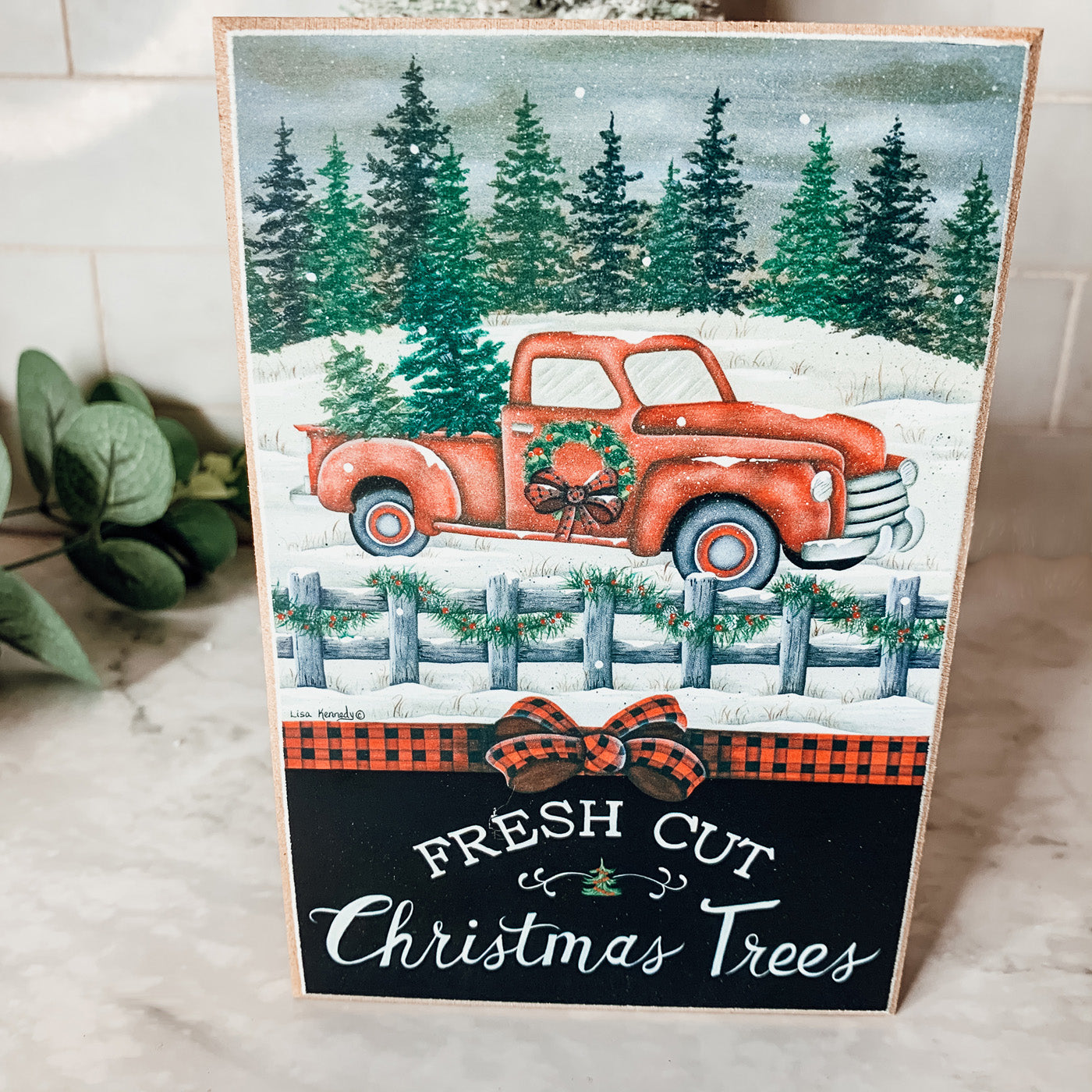 Vintage Farmhouse Christmas Wood Block Signs – Red Truck Holiday Decor