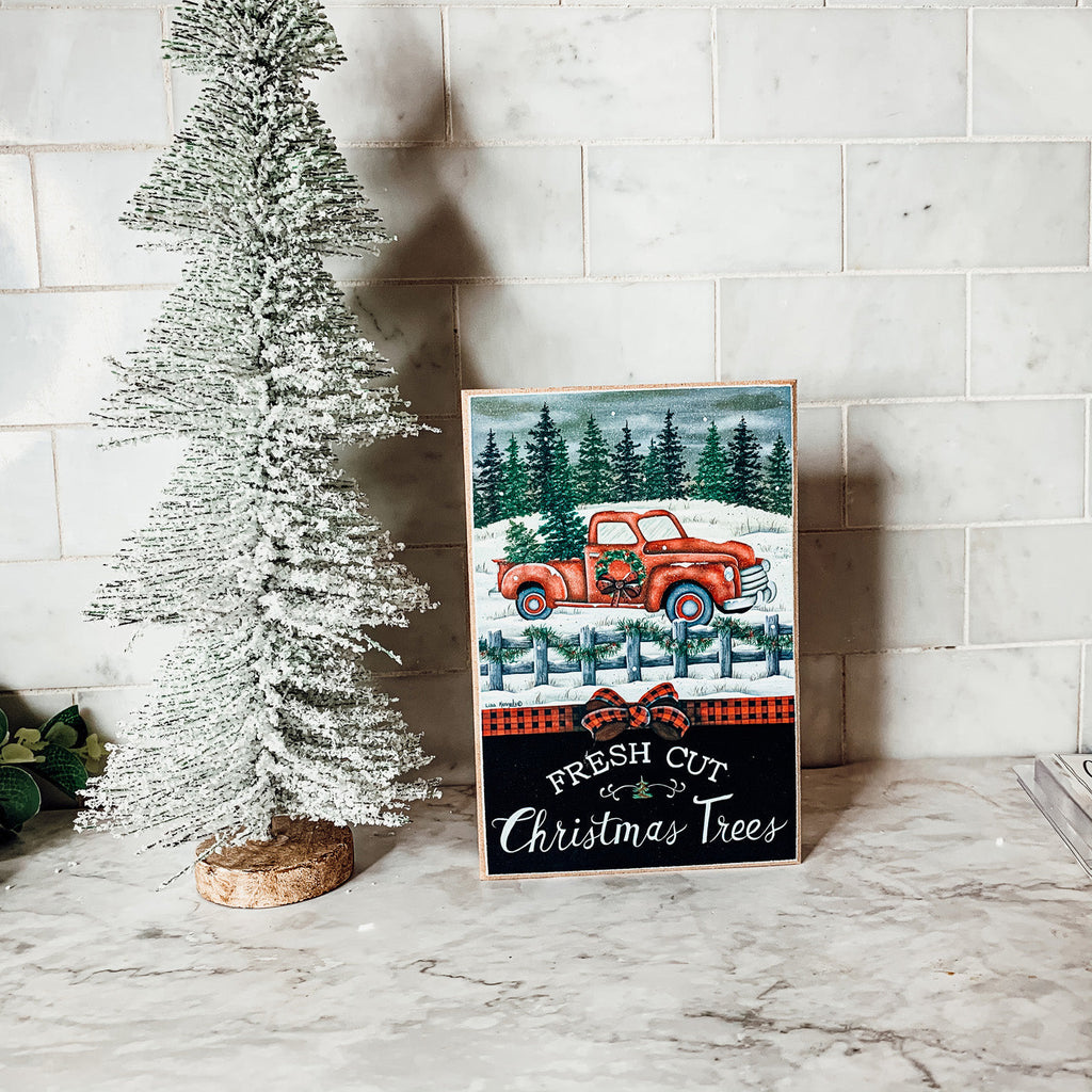Vintage Farmhouse Christmas Wood Block Signs – Red Truck Holiday Decor