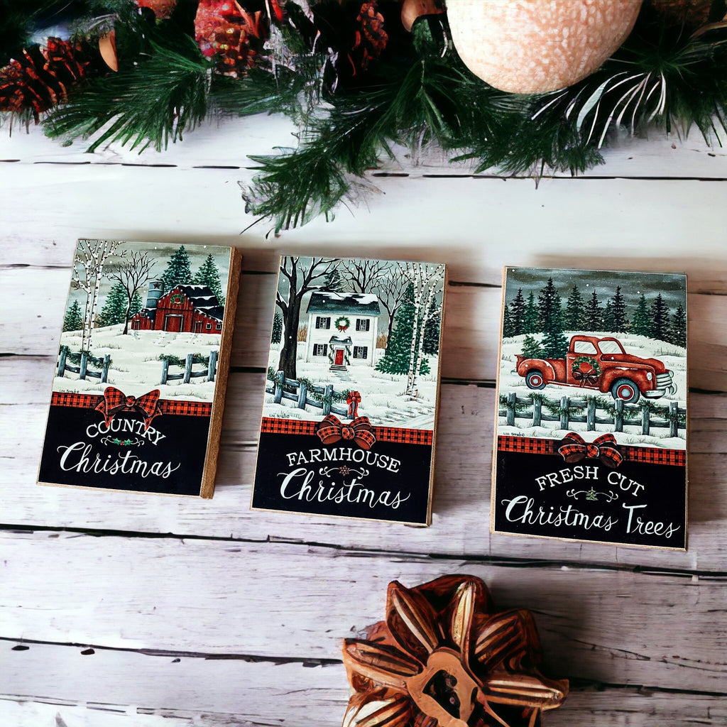 Vintage Farmhouse Christmas Wood Block Signs – Red Truck Holiday Decor