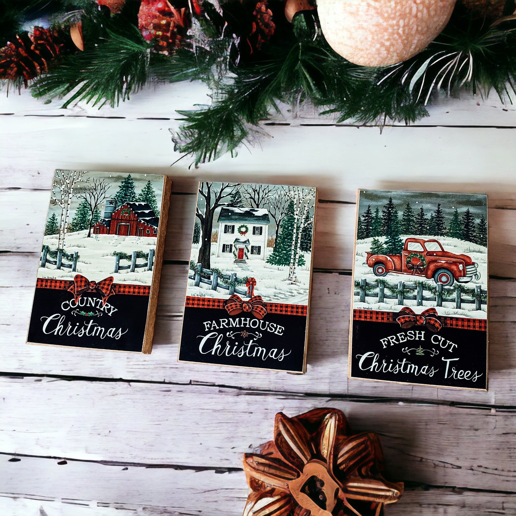 Vintage Farmhouse Christmas Wood Block Signs – Red Truck Holiday Decor