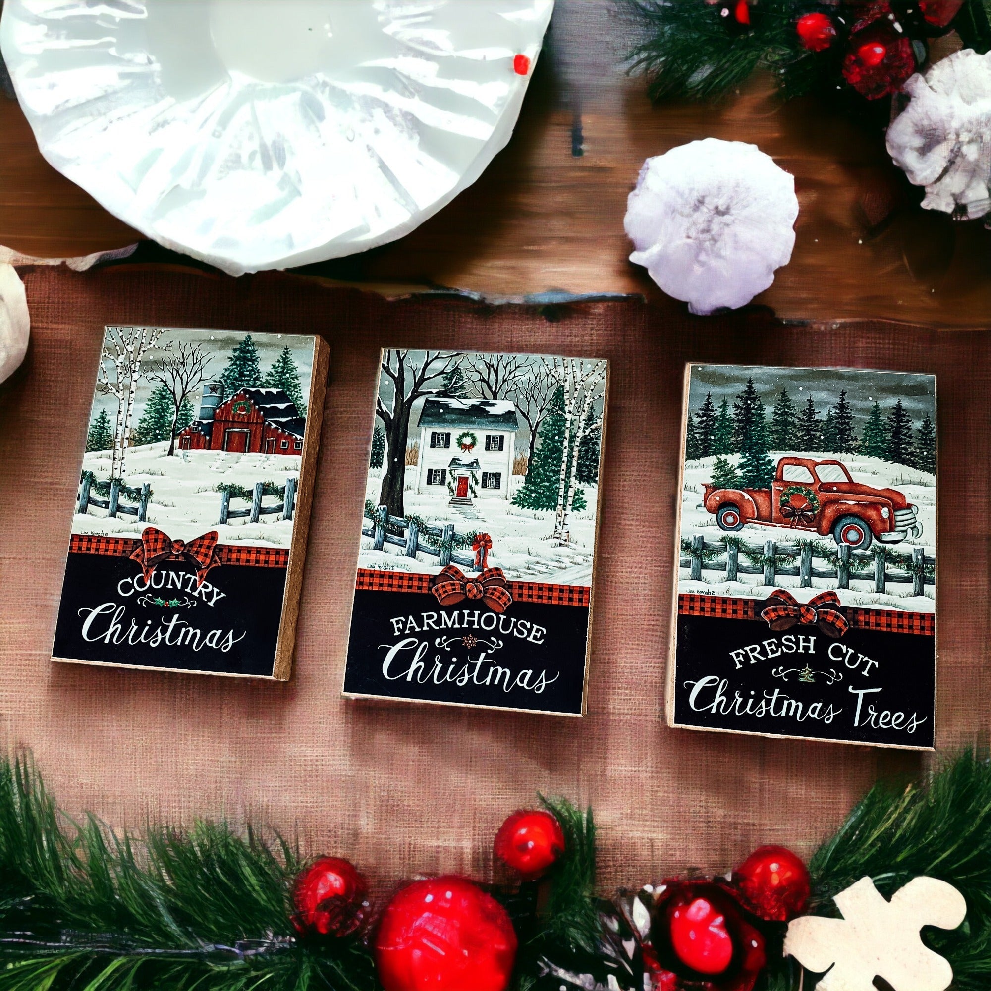 Vintage Farmhouse Christmas Wood Block Signs – Red Truck Holiday Decor