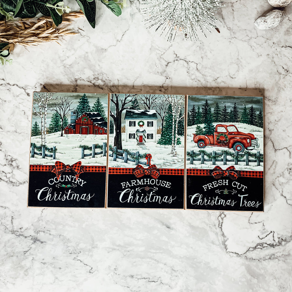 Vintage Farmhouse Christmas Wood Block Signs – Red Truck Holiday Decor