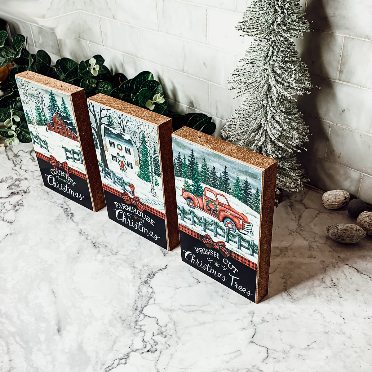 Vintage Farmhouse Christmas Wood Block Signs – Red Truck Holiday Decor