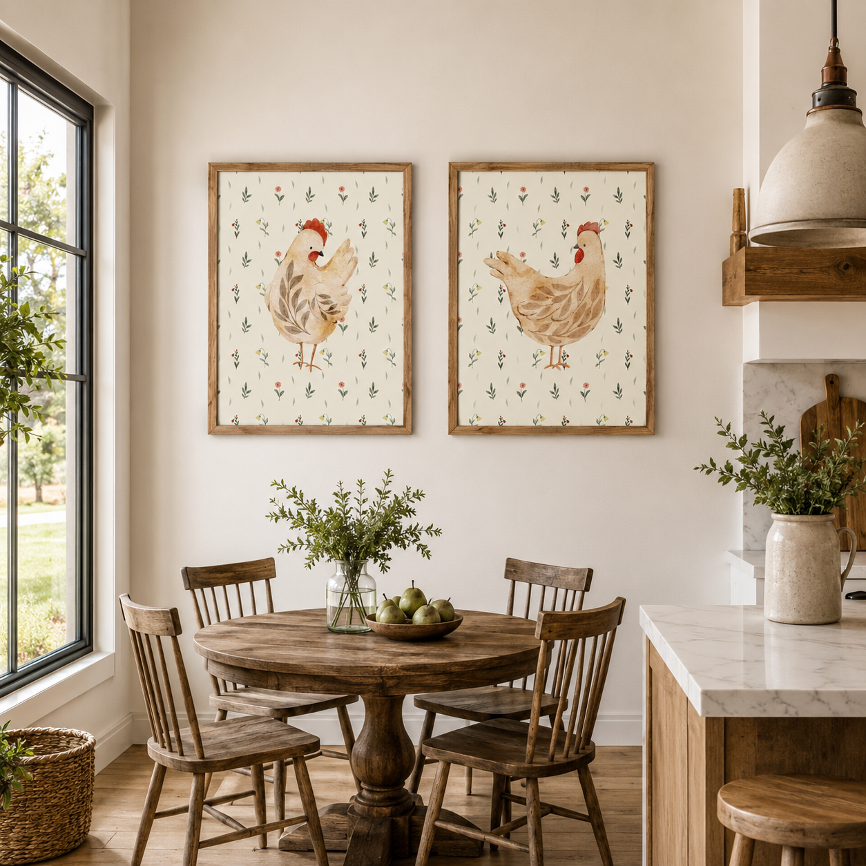 Rustic Farmhouse Hen Wall Art – Watercolor Chicken Portrait Kitchen Decor