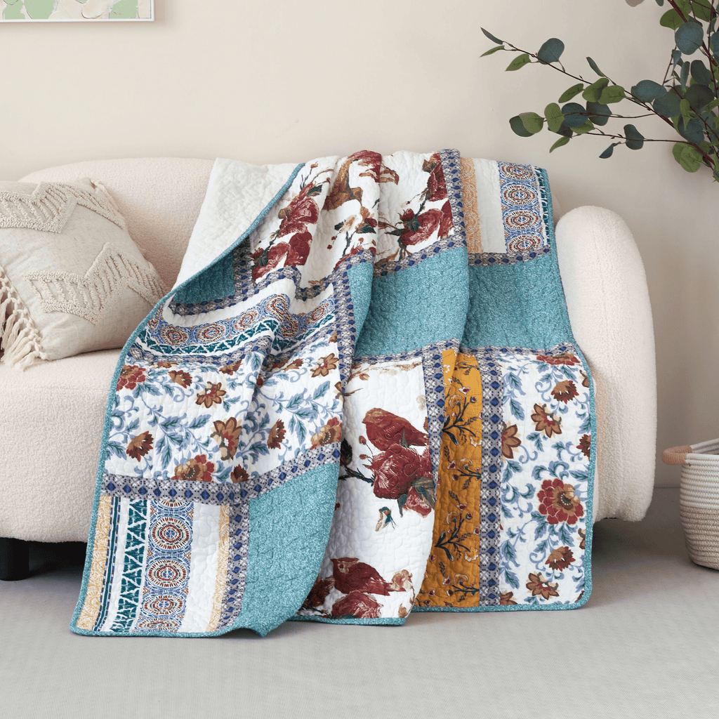 Vintage Garden Hummingbird Quilted Throw Blanket