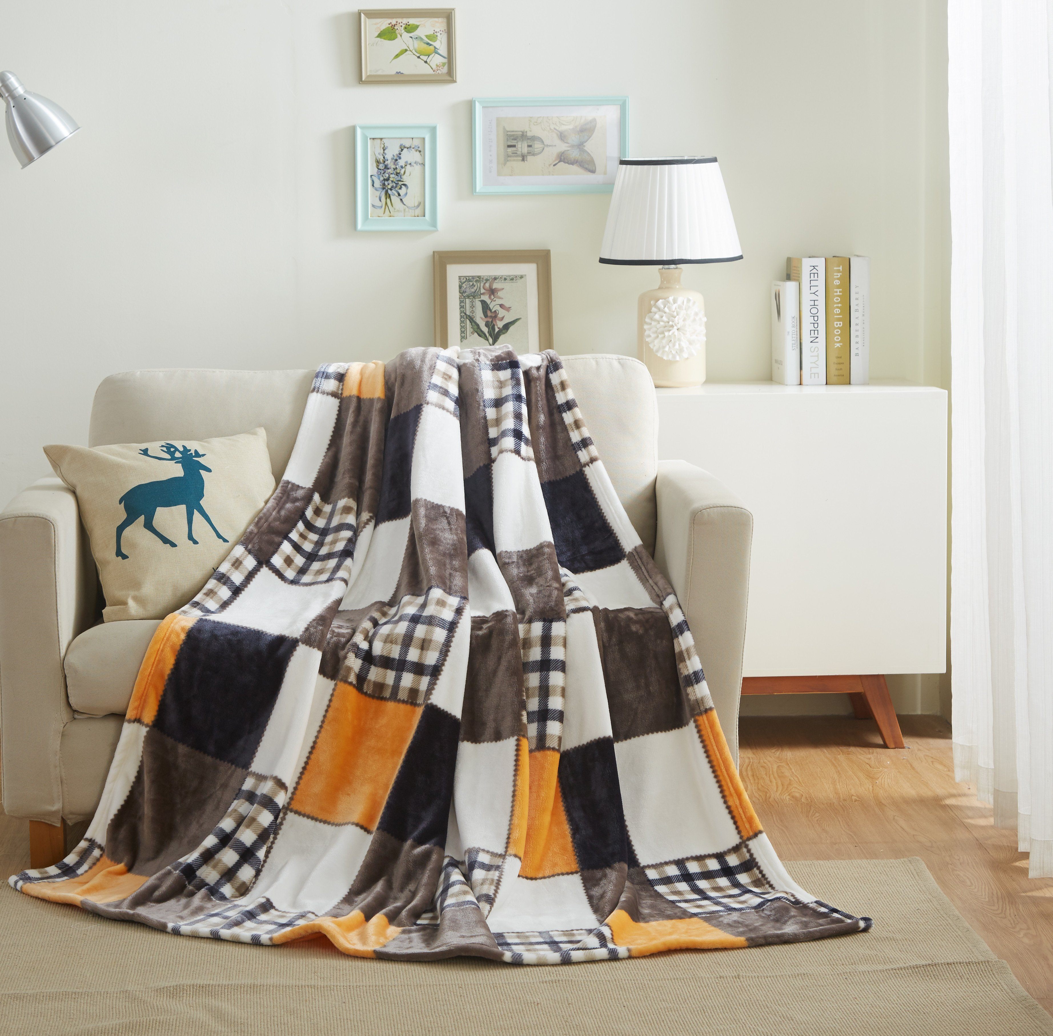 Tache Fall Orange Farmhouse Super Soft Micro Fleece Plaid Patchwork Plush Lightweight Bed Throw Blanket (4021)
