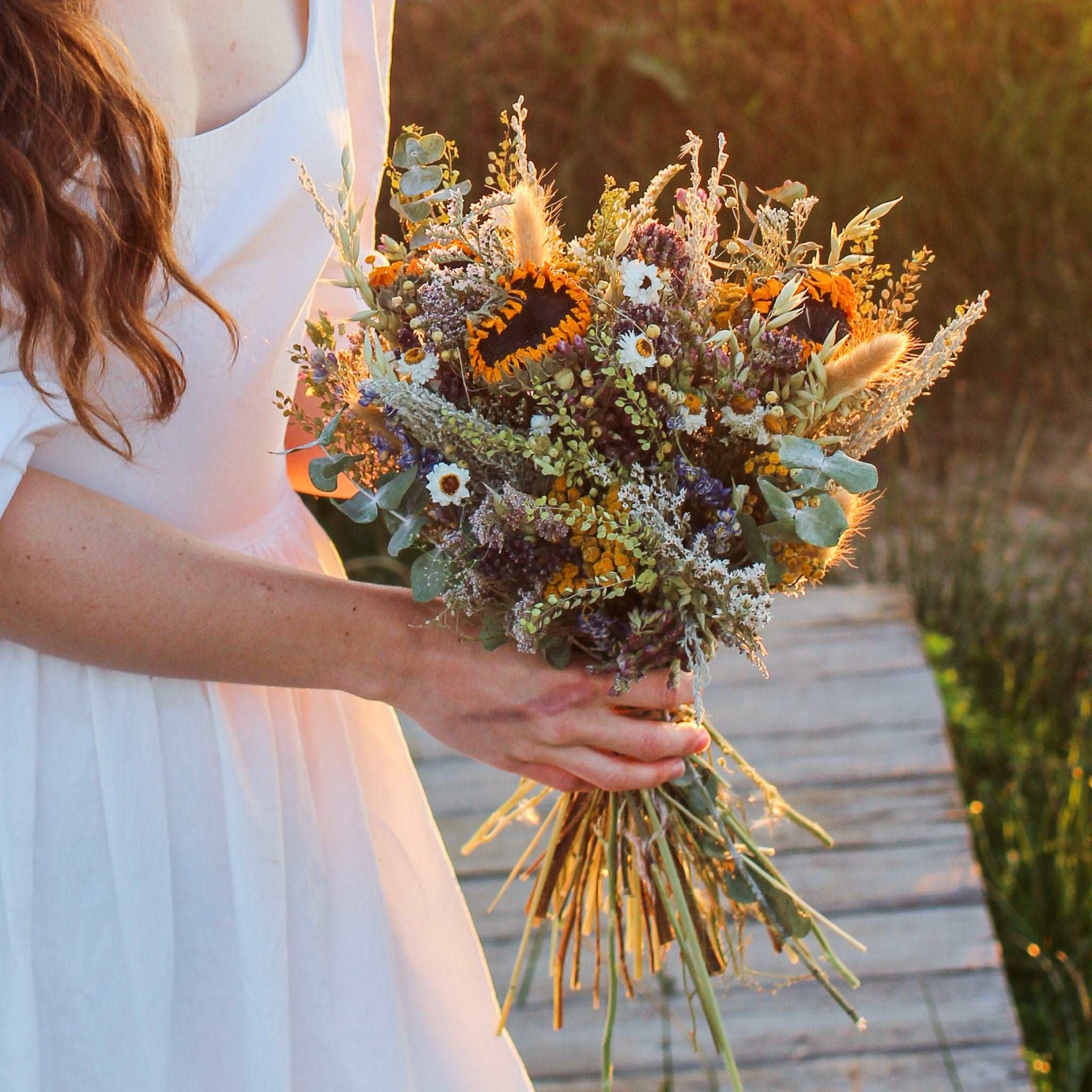 Dried Sunflower Bouquet | Eucalyptus, Daisies & Yarrow
