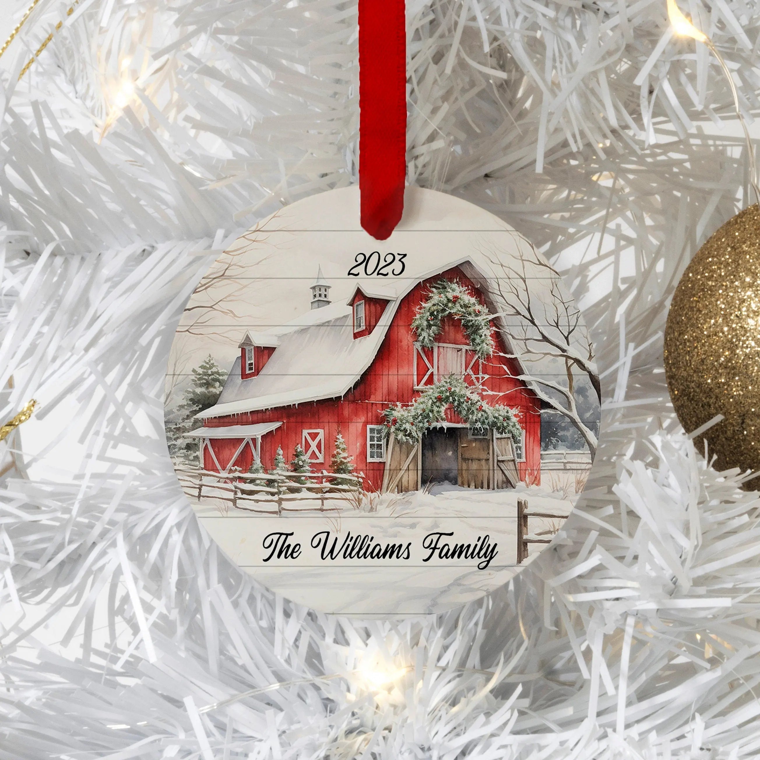 Personalized Farmhouse Red Barn Christmas Ornament