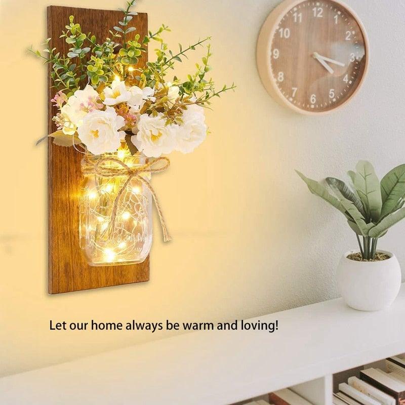 Rustic Wall Sconces Flower Lamp Mason Jar Sconce Handmade Wall Art Hanging Home Decoration 2 Set with LED Fairy Lights Decorative  Peony Flower