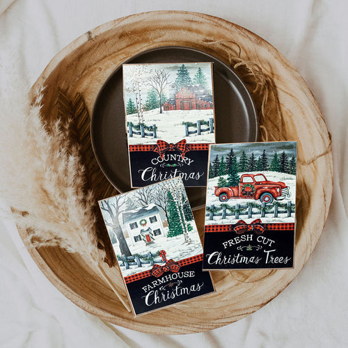 Vintage Farmhouse Christmas Wood Block Signs – Red Truck Holiday Decor