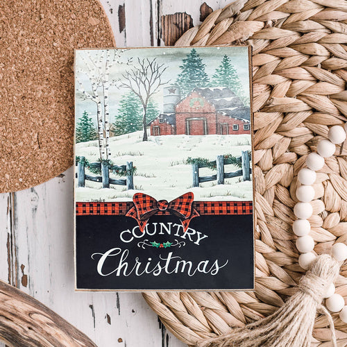Vintage Farmhouse Christmas Wood Block Signs – Red Truck Holiday Decor