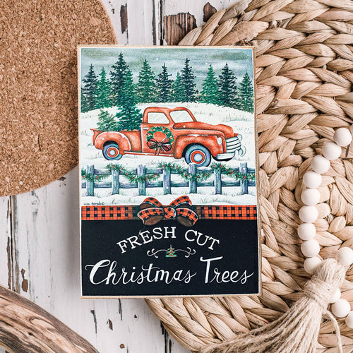 Vintage Farmhouse Christmas Wood Block Signs – Red Truck Holiday Decor
